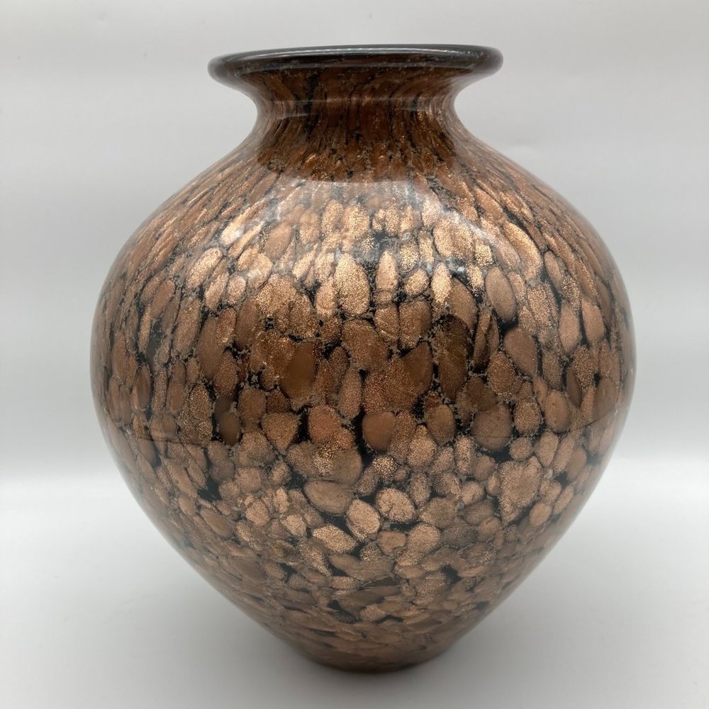 MCM Dale Tiffany Handblown Art Glass Vase Brown & Copper Glittery Decor 9" H